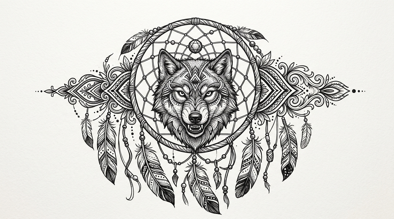 Эскиз тату волка с ловцом снов в этническом стиле
