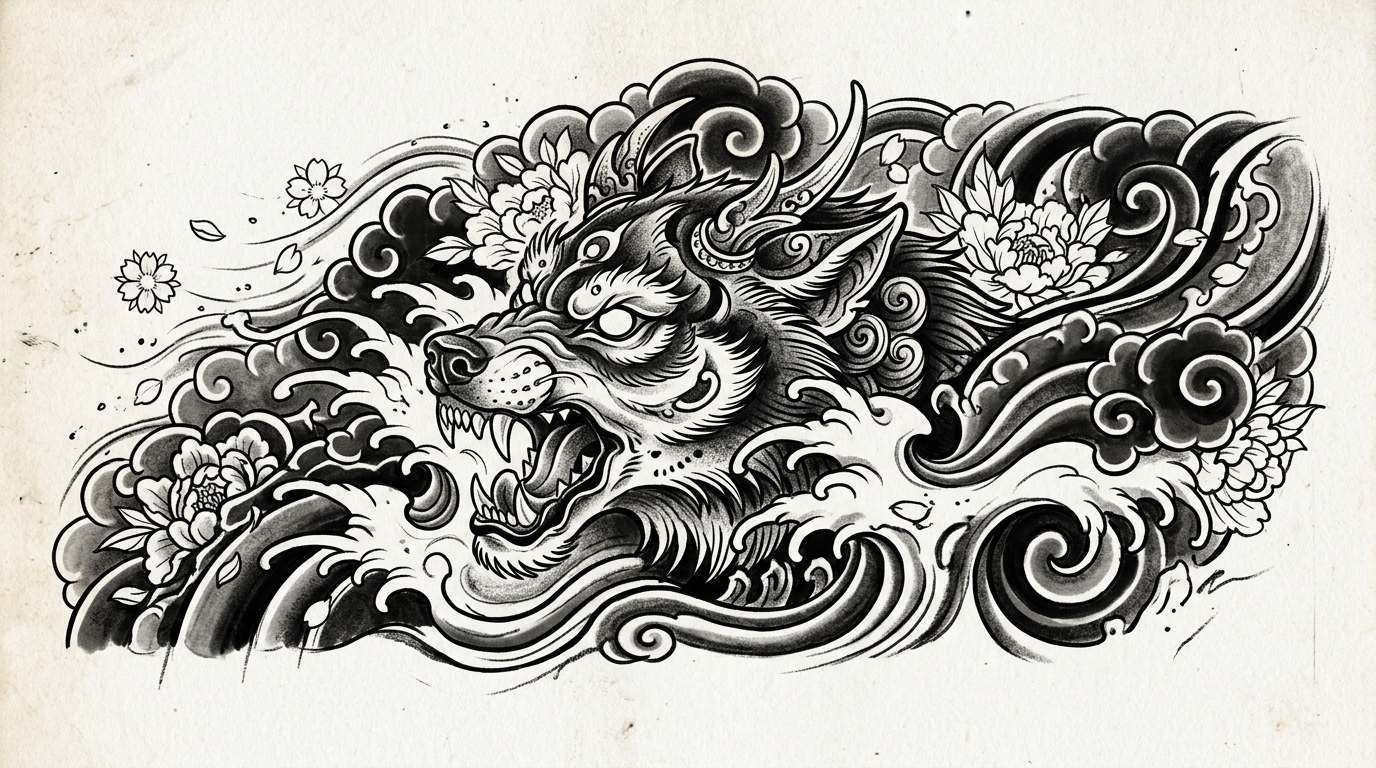 Волк в японском стиле ирэдзуми — волны и облака вокруг морды