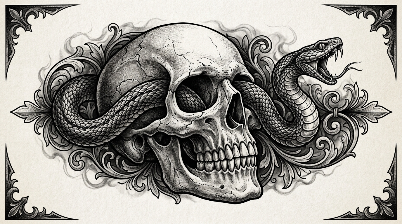 Эскиз тату череп со змеёй — змея обвивает человеческий череп