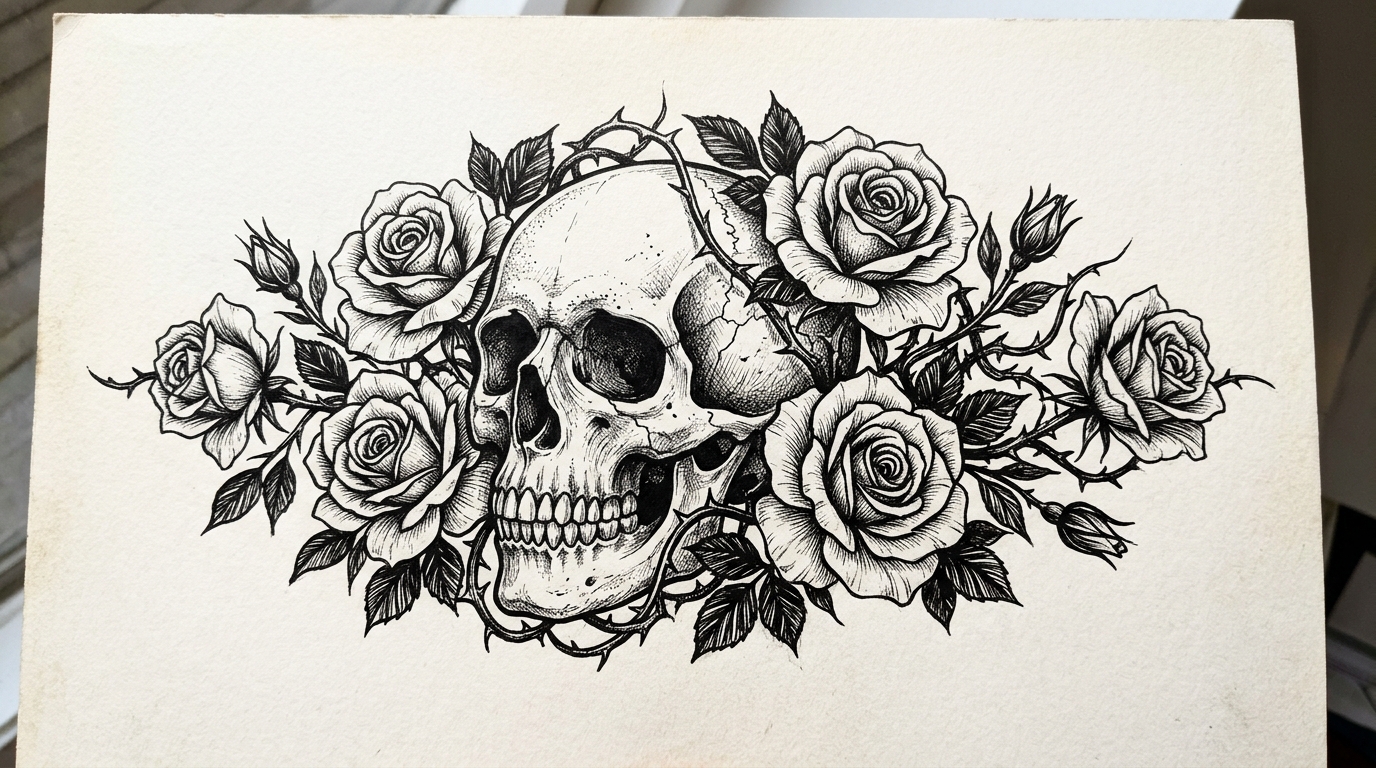 Эскиз тату черепа в обрамлении роз и шипов