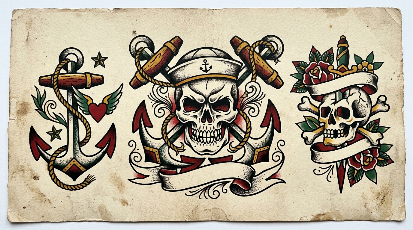 Череп в стиле олдскул — жирные контуры, ограниченная палитра, ретро-эстетика