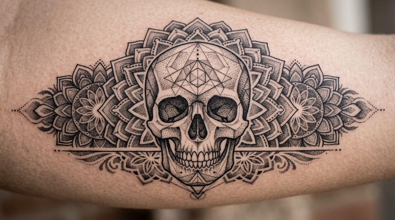 Череп в стиле дотворк — точечная техника с геометрическими узорами