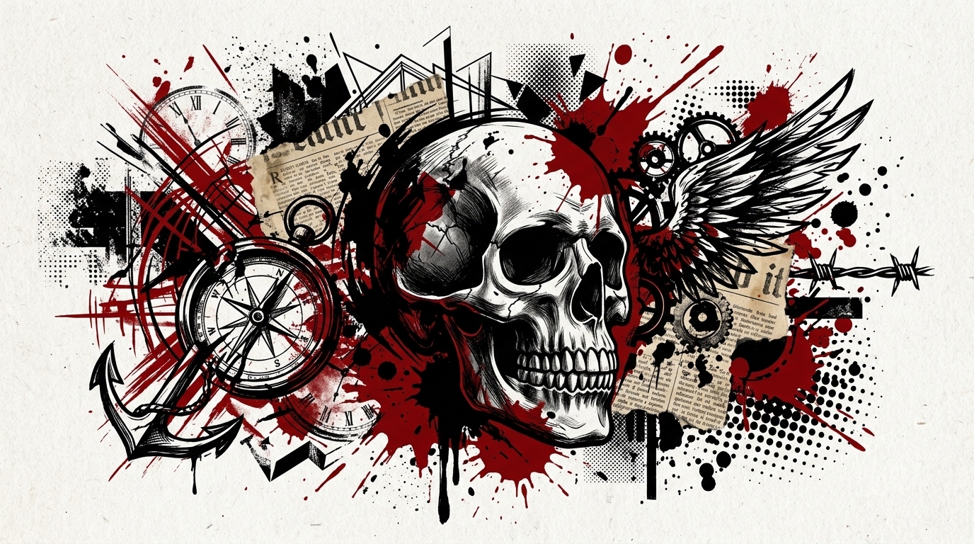 Череп в стиле треш-полька — красно-чёрный коллаж с эффектами брызг