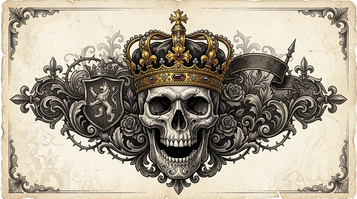 Эскиз тату череп с золотой короной в готическом стиле