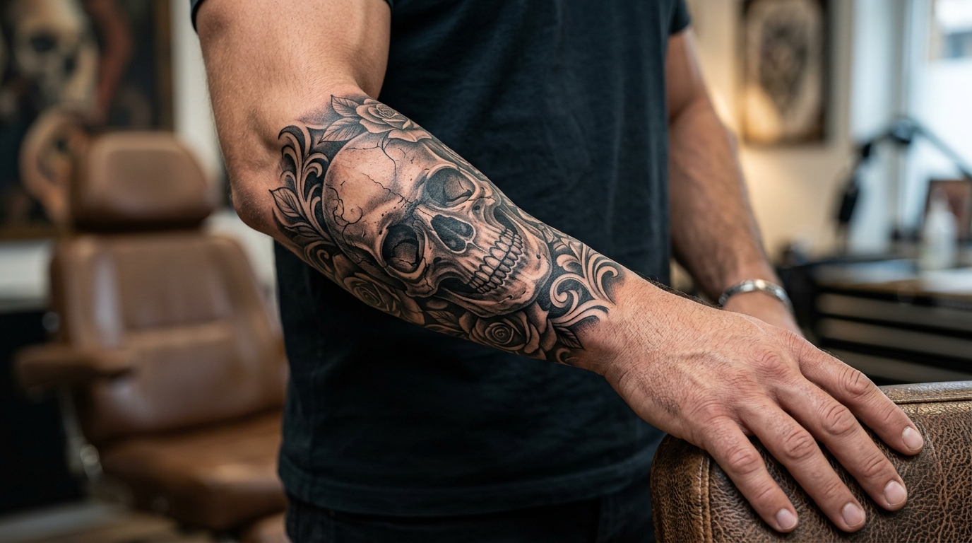 Тату череп на предплечье мужчины — реалистичный чёрно-серый стиль