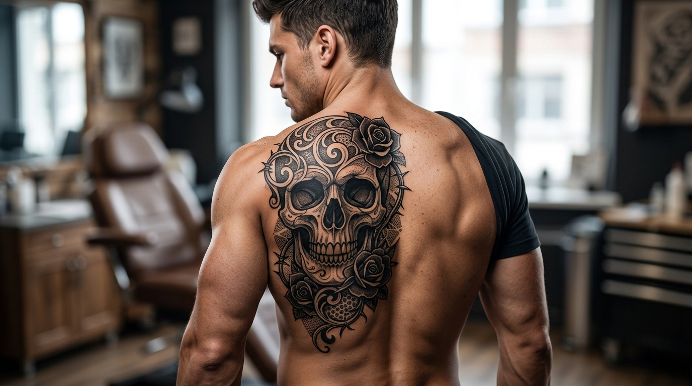 Крупная тату черепа на спине и лопатке в стиле блэкворк