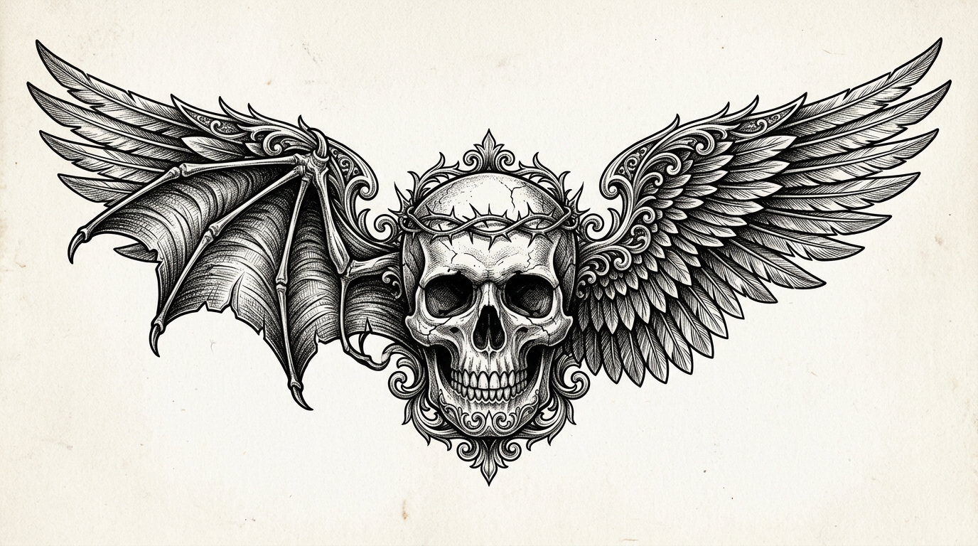 Эскиз тату черепа с раскрытыми крыльями в готическом стиле