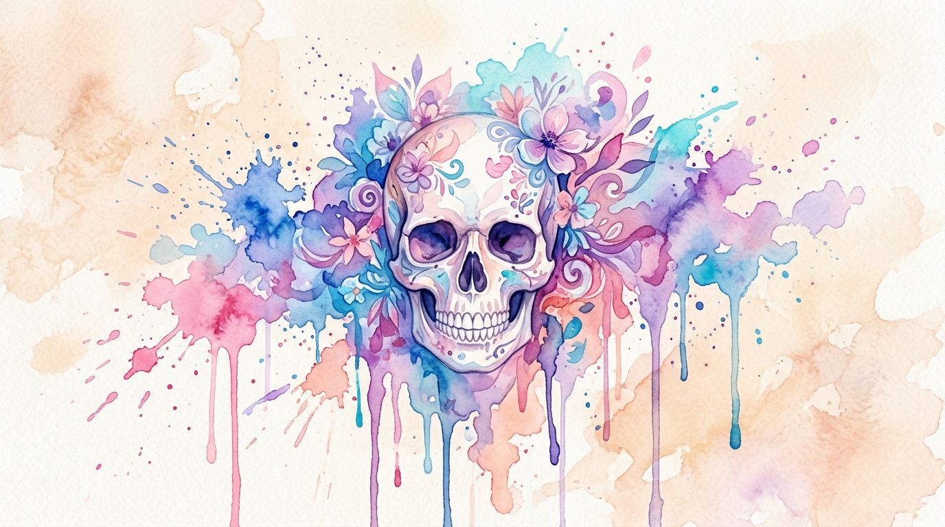 Череп в стиле акварель — мягкие пастельные цвета и эффект размытых красок