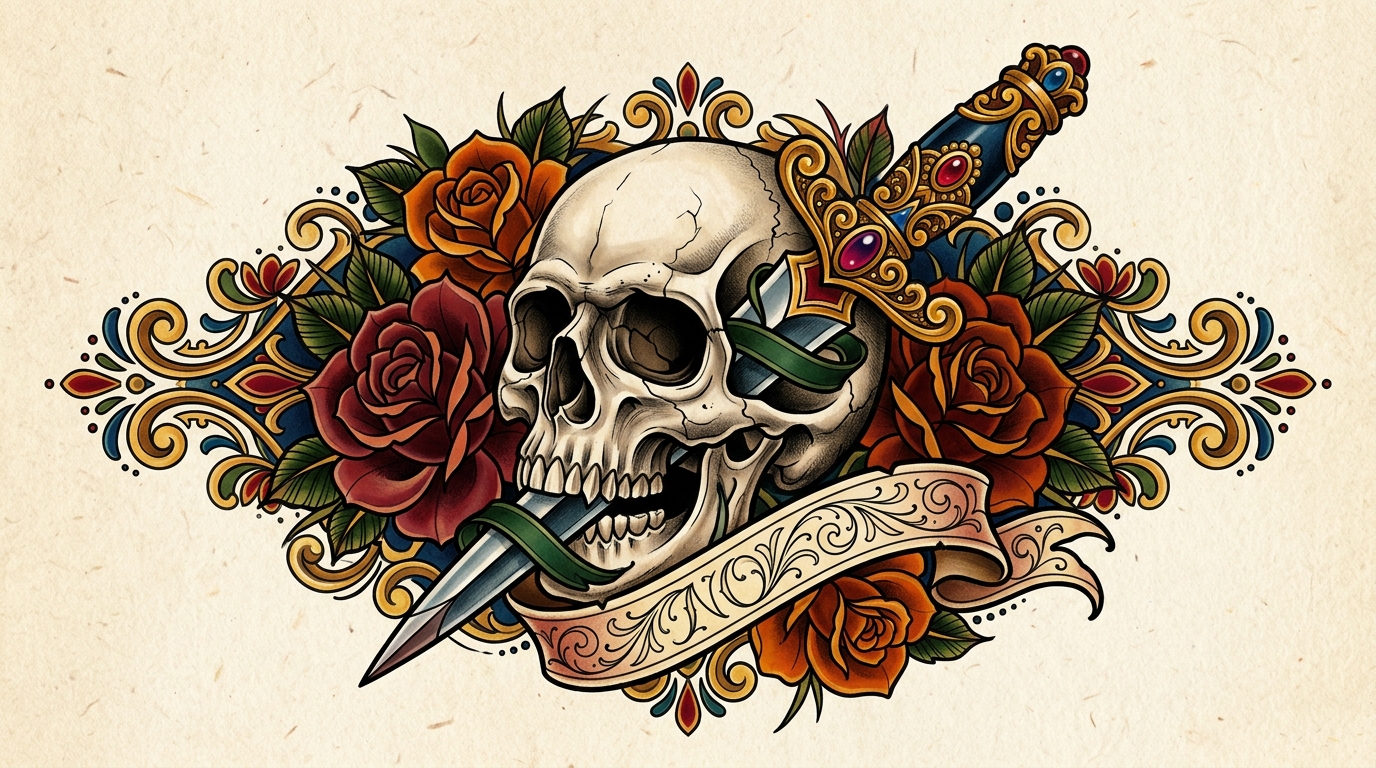 Эскиз тату черепа с кинжалом в стиле нео-традишнл