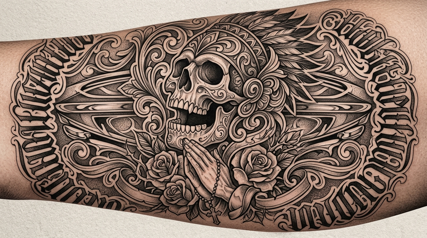 Череп в стиле чикано — чёрно-серая детализация, латиноамериканская эстетика
