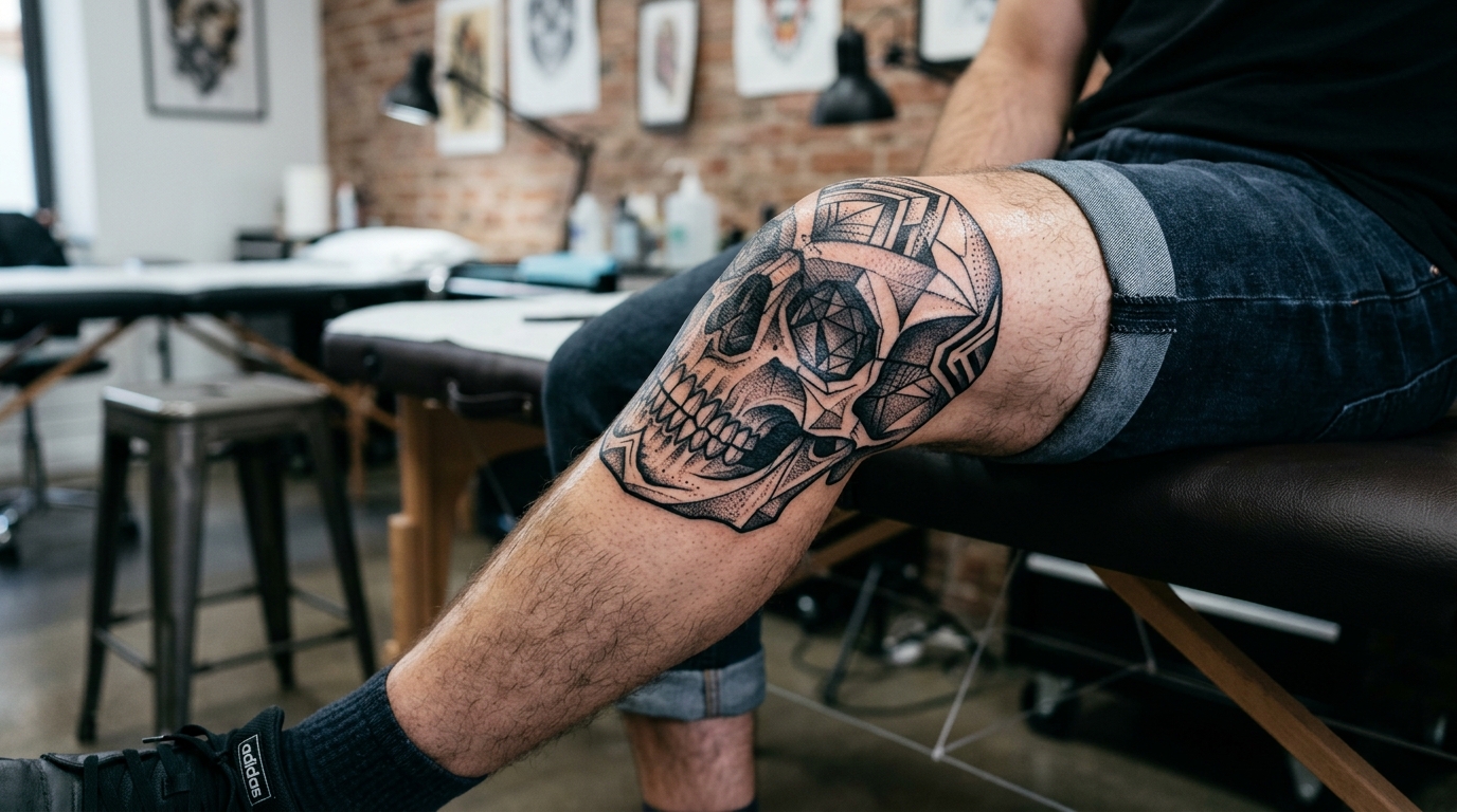 Тату черепа на колене — геометрический дизайн в стиле блэкворк