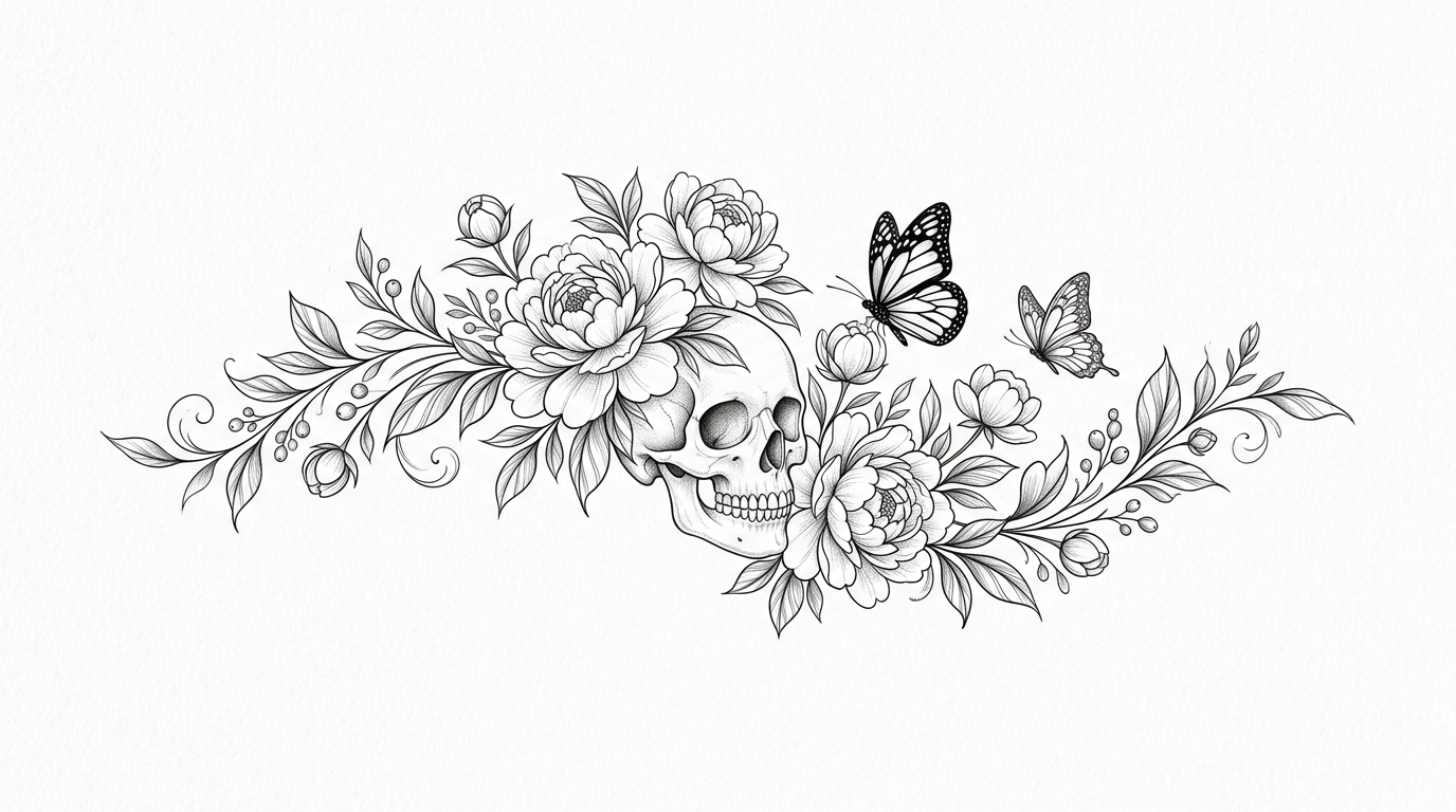 Женский эскиз тату череп с цветами пионами и бабочкой