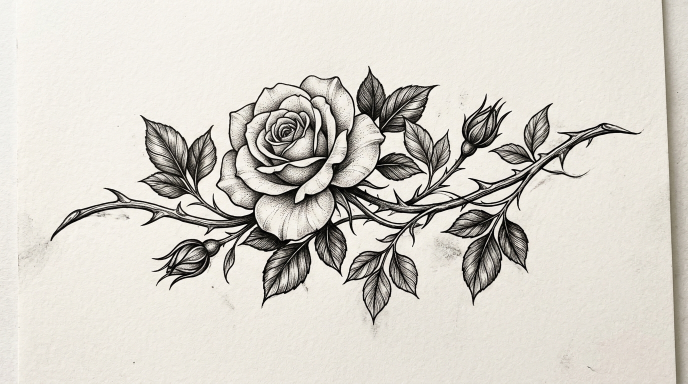 Эскиз тату розы с шипами и листьями — реалистичный стиль, чёрная тушь
