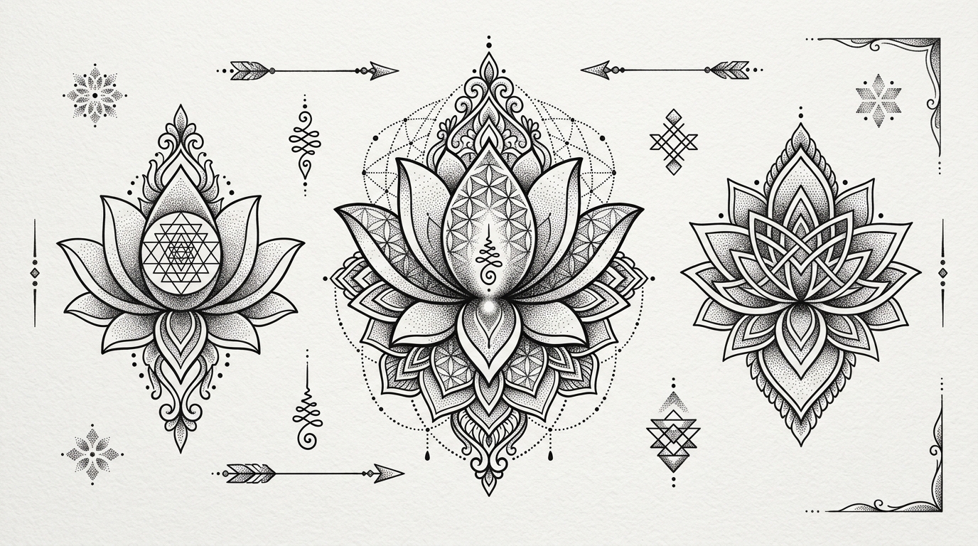 Эскиз тату лотоса в стиле дотворк с элементами сакральной геометрии