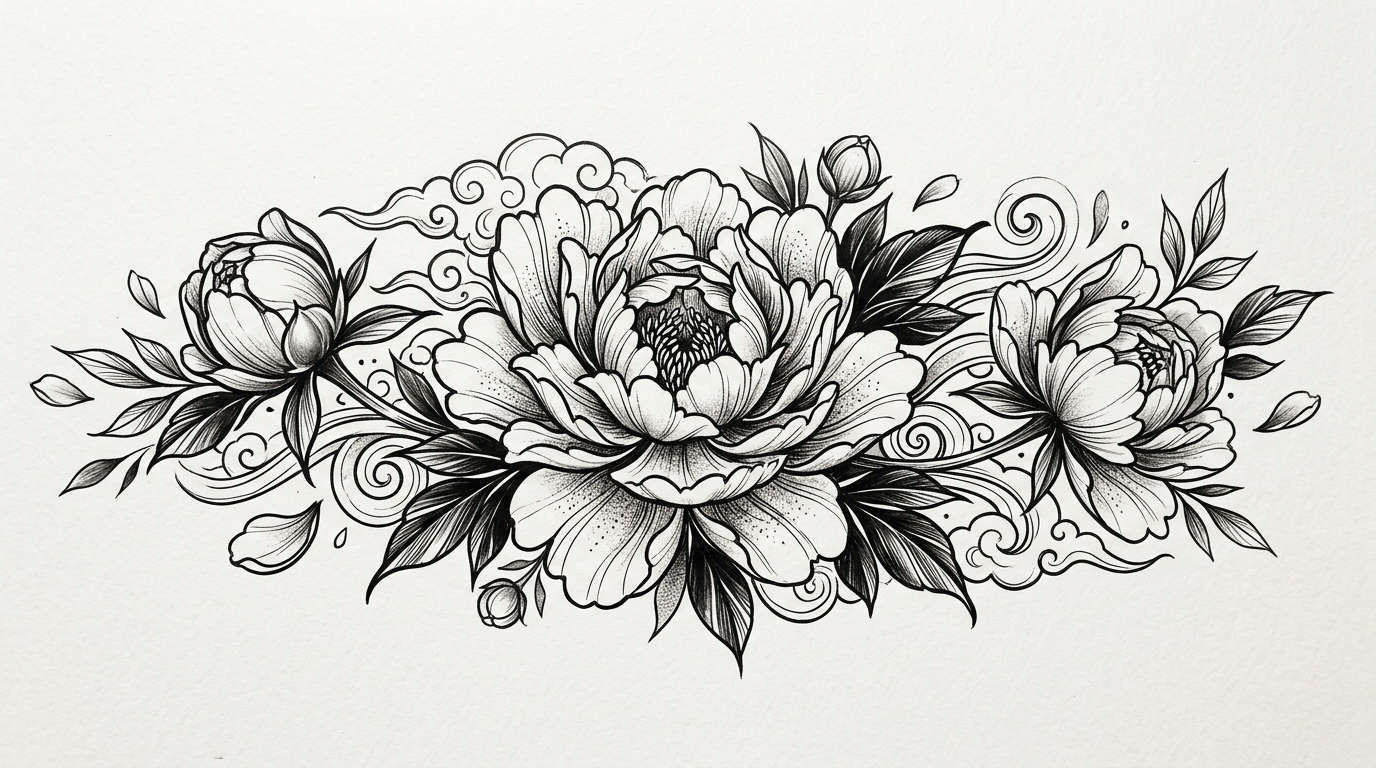 Эскиз тату пиона в японском стиле — пышные лепестки, чёрная тушь