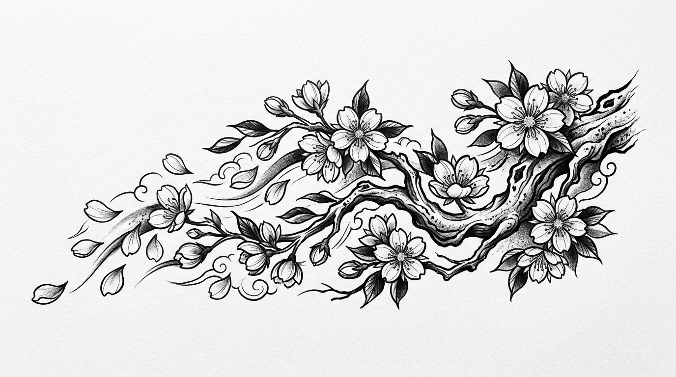 Эскиз тату ветки сакуры с опадающими лепестками — японский стиль