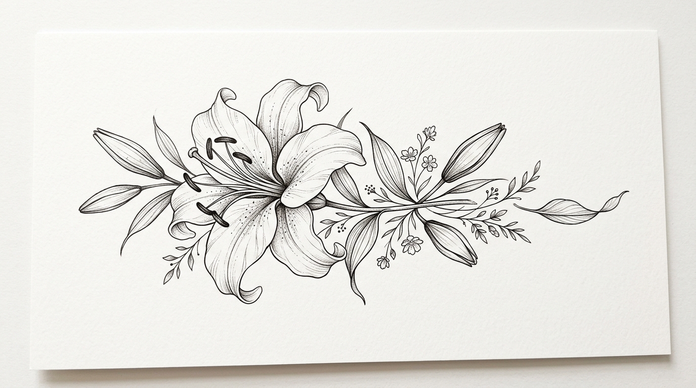 Эскиз тату лилии — тонкие линии, ботанический стиль