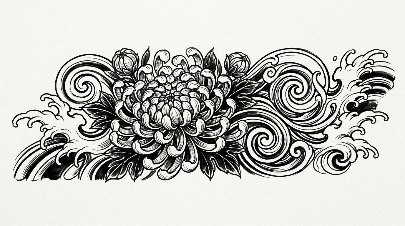 Эскиз тату хризантемы в японском стиле иредзуми — жирные контуры, волны