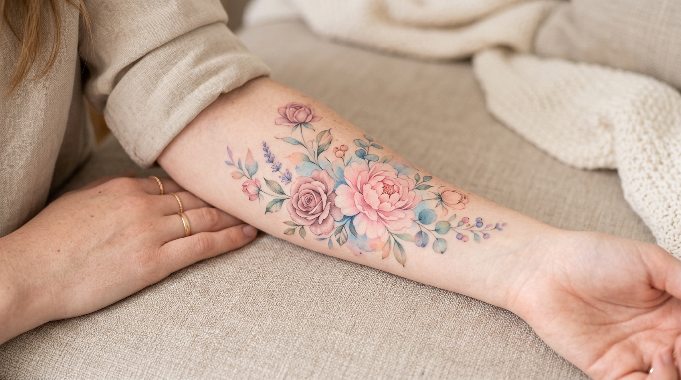 Акварельная цветочная тату на женском предплечье — пастельные тона, розы и пионы