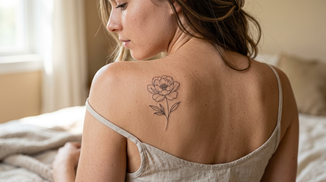Минималистичная тату цветка на женской лопатке — тонкие линии