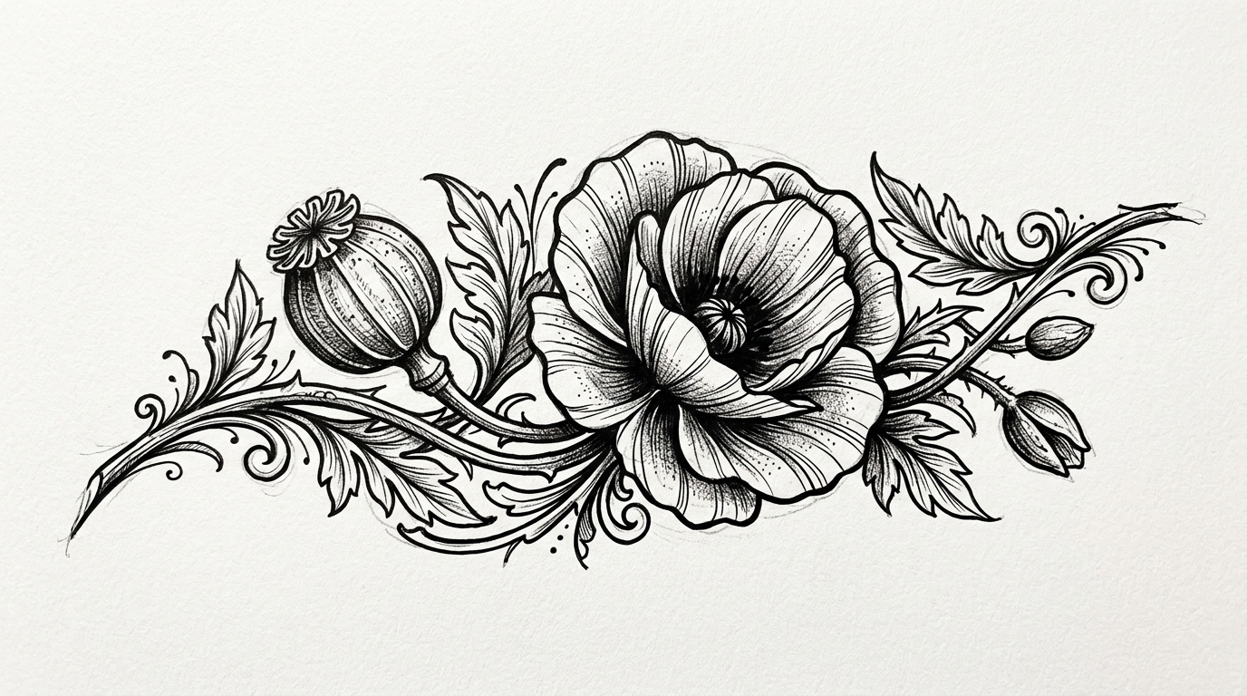 Эскиз тату мака — нео-традиционный стиль, чёрная тушь с коробочкой семян