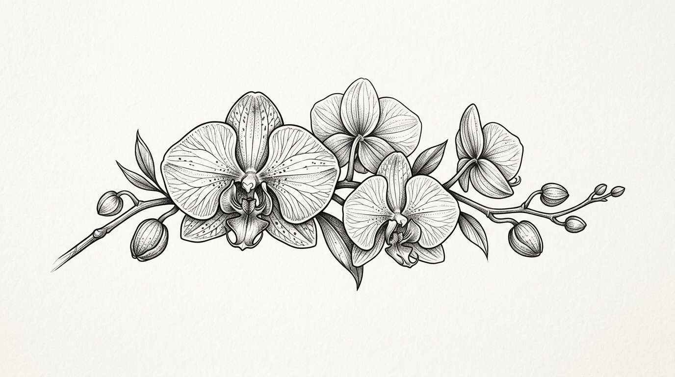 Эскиз тату орхидеи — ботанический стиль, детальная прорисовка лепестков
