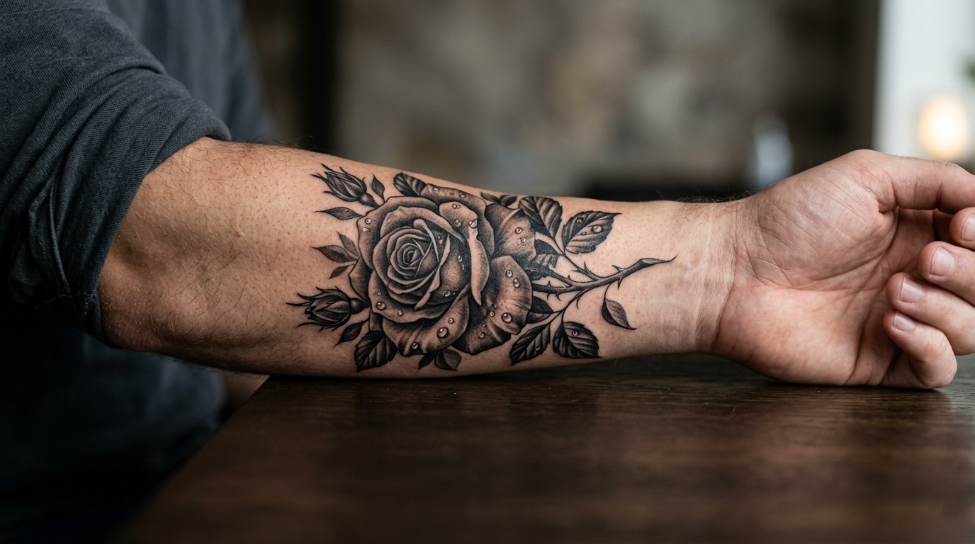 Реалистичная тату розы на мужском предплечье — чёрно-серая с каплями воды
