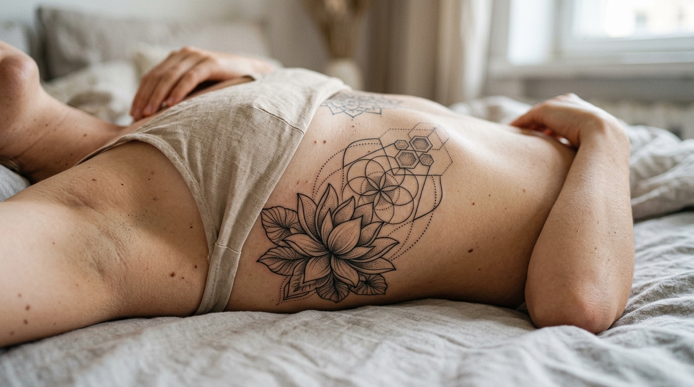 Тату лотос на рёбрах — дотворк с геометрическими элементами на женском теле