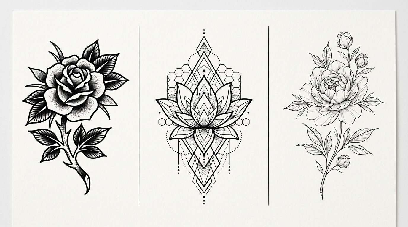 Три стиля цветочных тату в сравнении — олдскул, геометрия, файнлайн