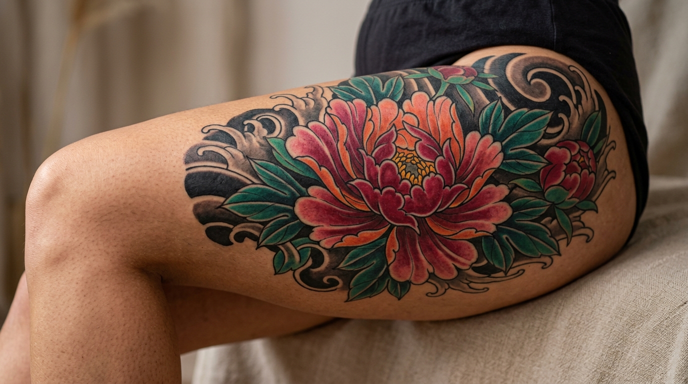 Яркая цветная тату пиона на бедре — японский стиль с волнами