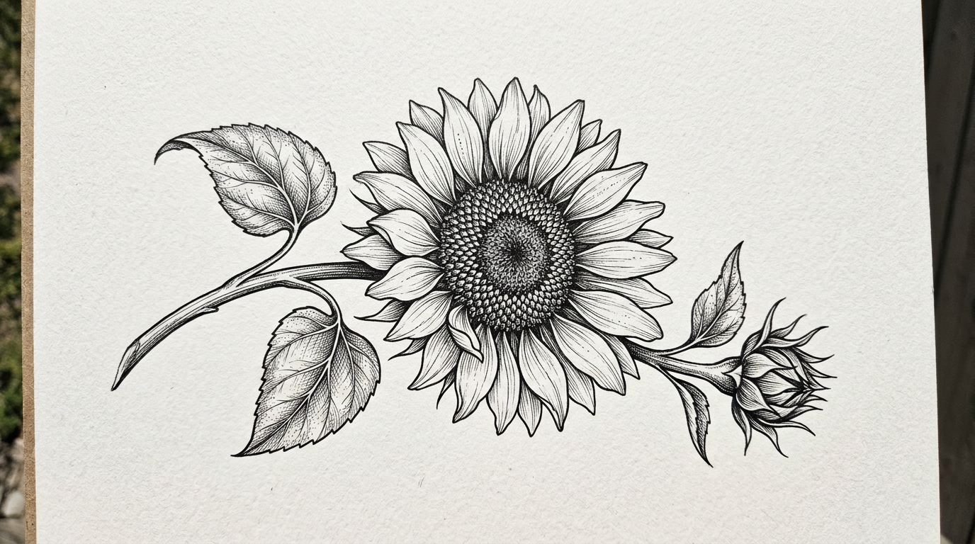 Эскиз тату подсолнуха — ботанический реализм, детальная прорисовка семечек