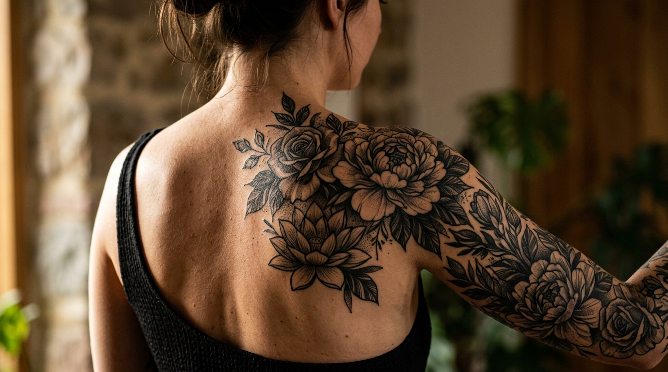 Цветочная композиция тату на спине и плече — блэкворк, розы, пионы, лотос