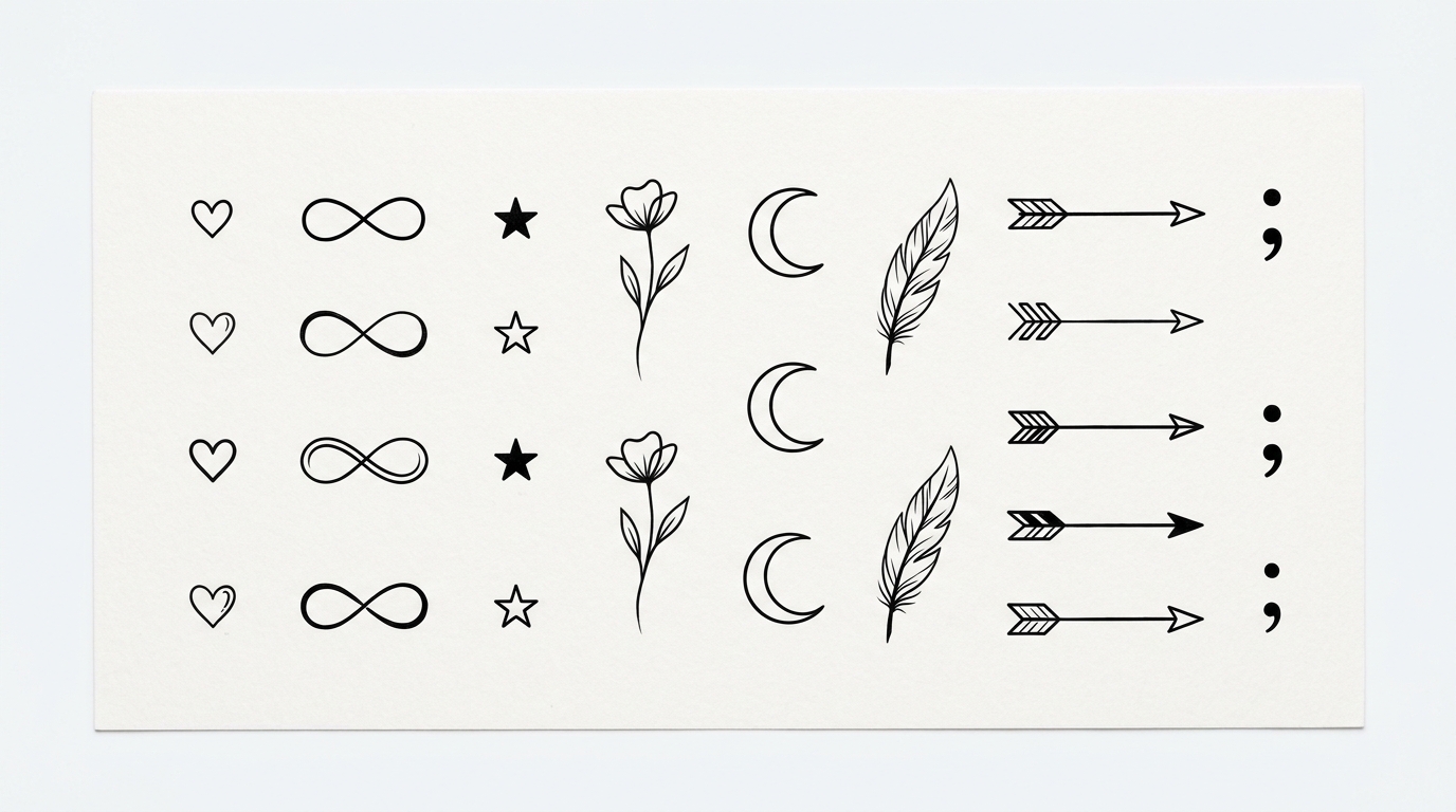 Коллекция минималистичных эскизов тату — сердце, бесконечность, звезда, цветок, полумесяц
