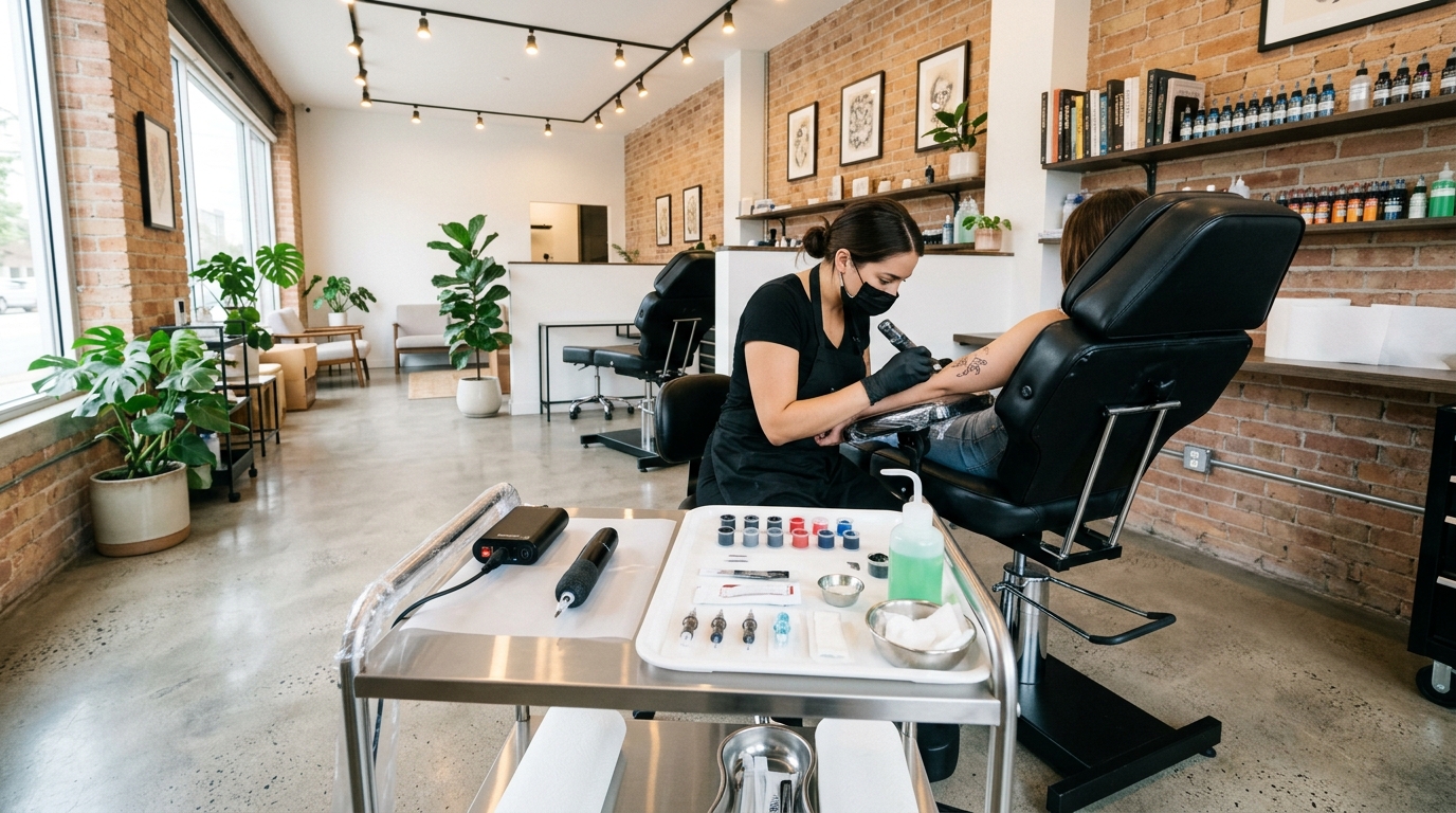 Интерьер современного тату-салона — рабочее место мастера