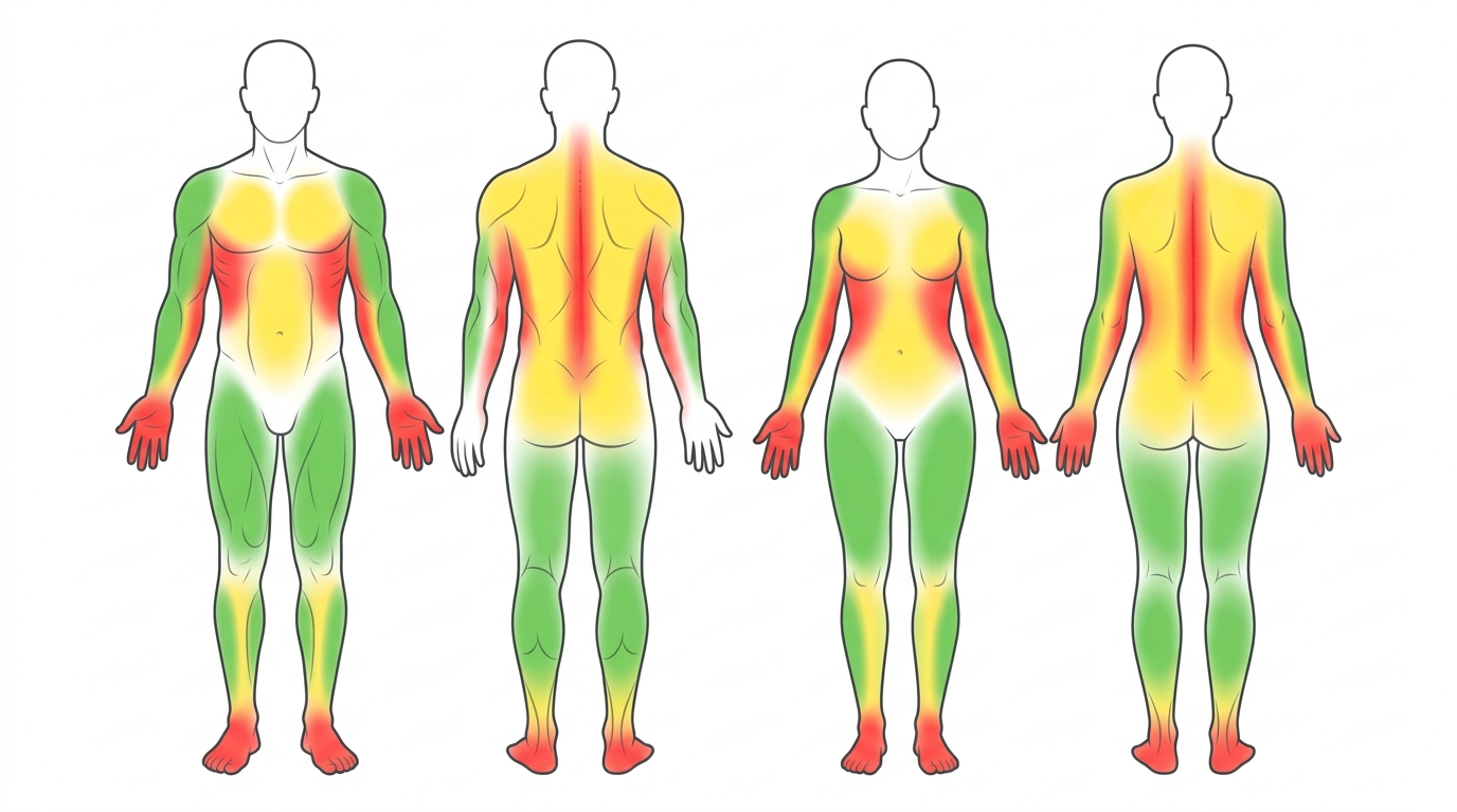 Карта болевых зон для тату — схема тела с цветовой разметкой