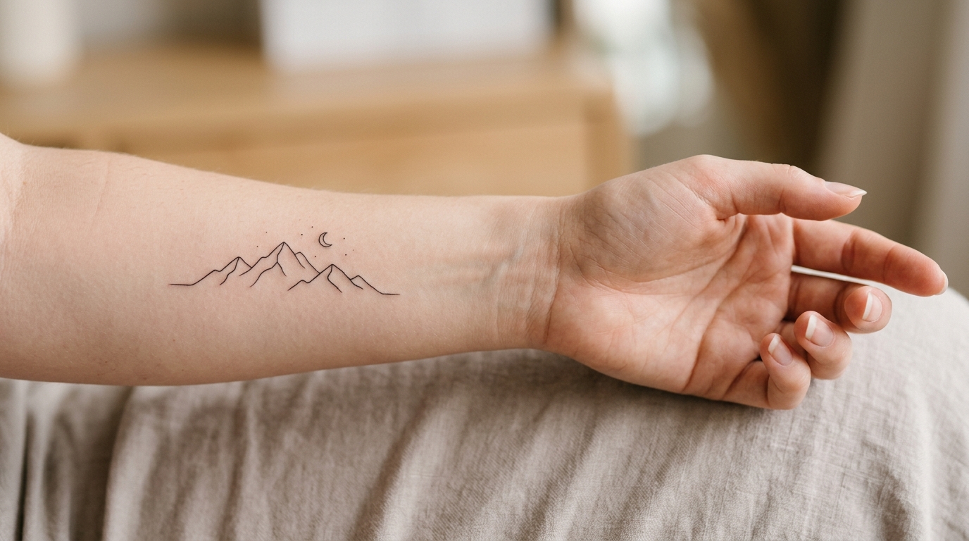 Минималистичная тату на руке — горы тонкими линиями