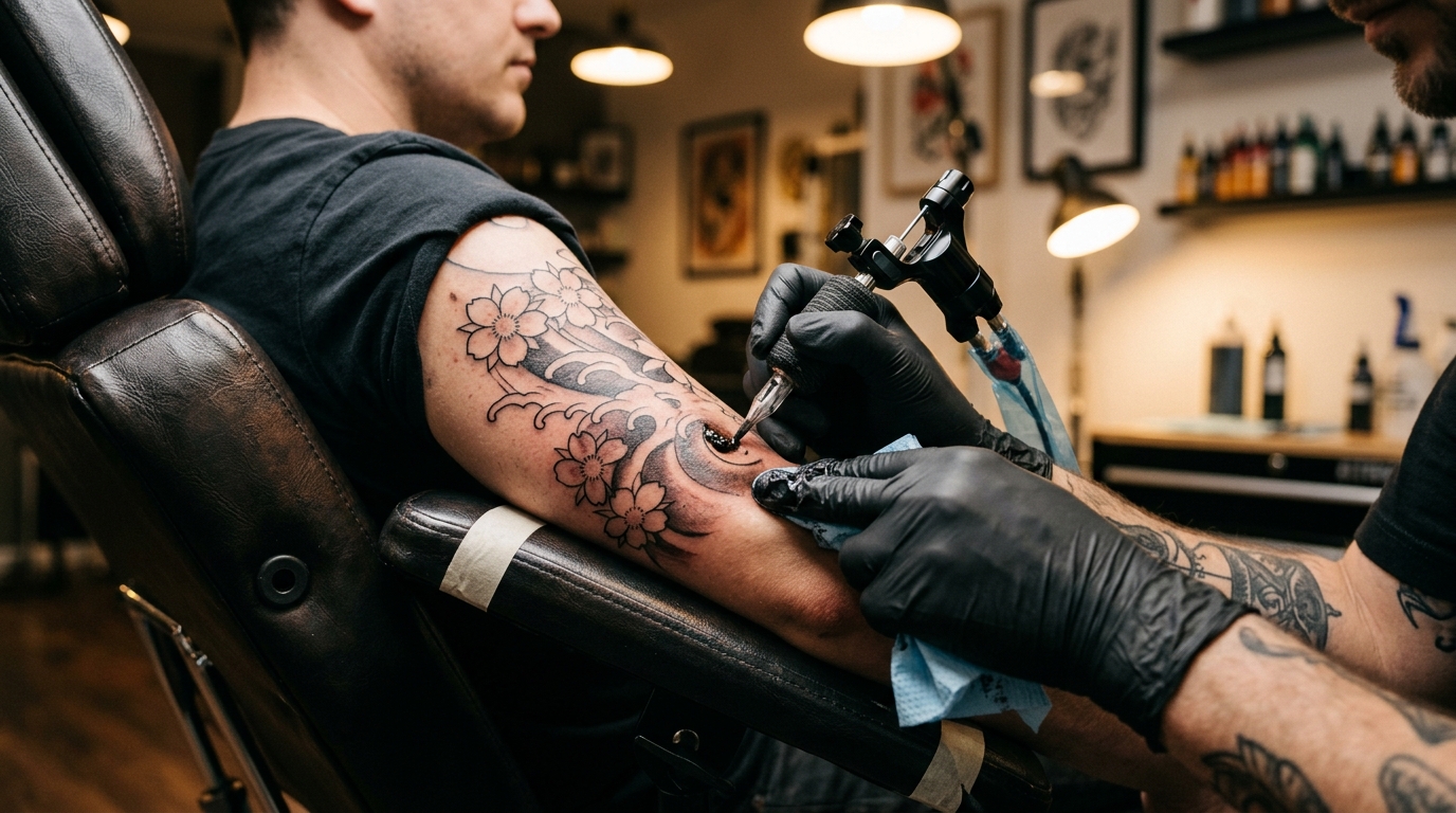 Процесс нанесения тату — мастер работает машинкой