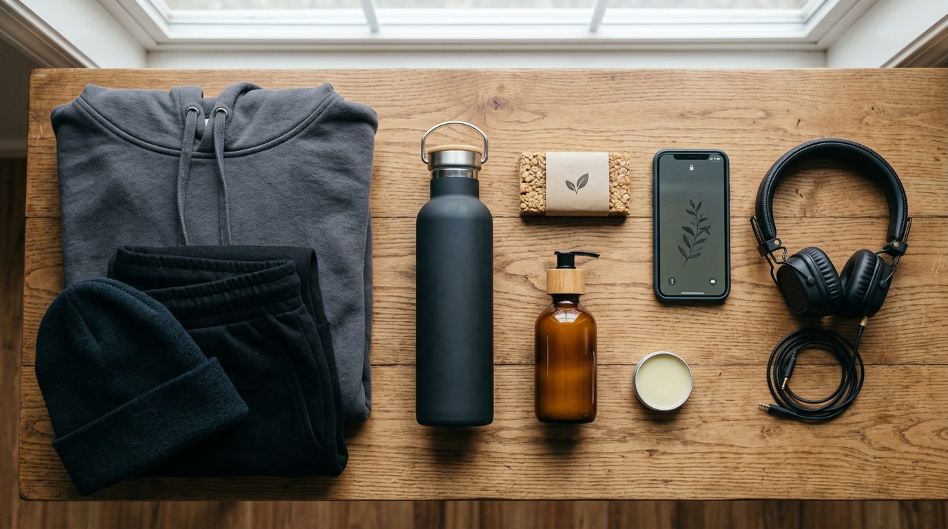 Набор вещей для похода в тату-салон: вода, перекус, наушники, увлажняющий крем