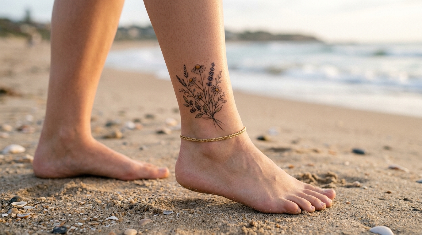 Изящная цветочная тату на лодыжке