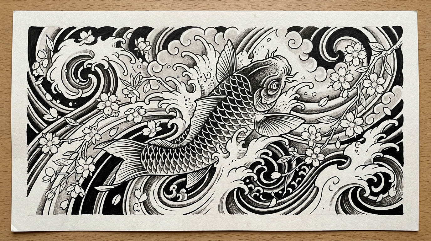 Эскиз тату в японском стиле — карп кои с волнами и сакурой