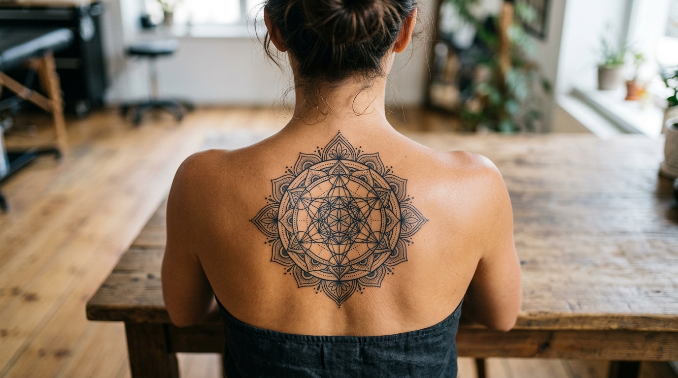 Геометрическая тату-мандала на спине