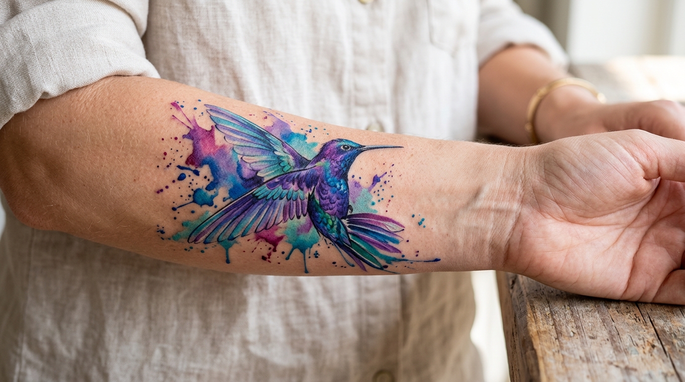Акварельная тату — колибри в сиреневых и голубых тонах