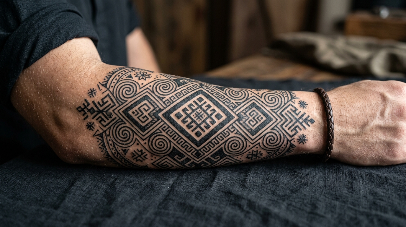 Славянский орнамент на предплечье мужчины — геометрический узор чёрной тушью