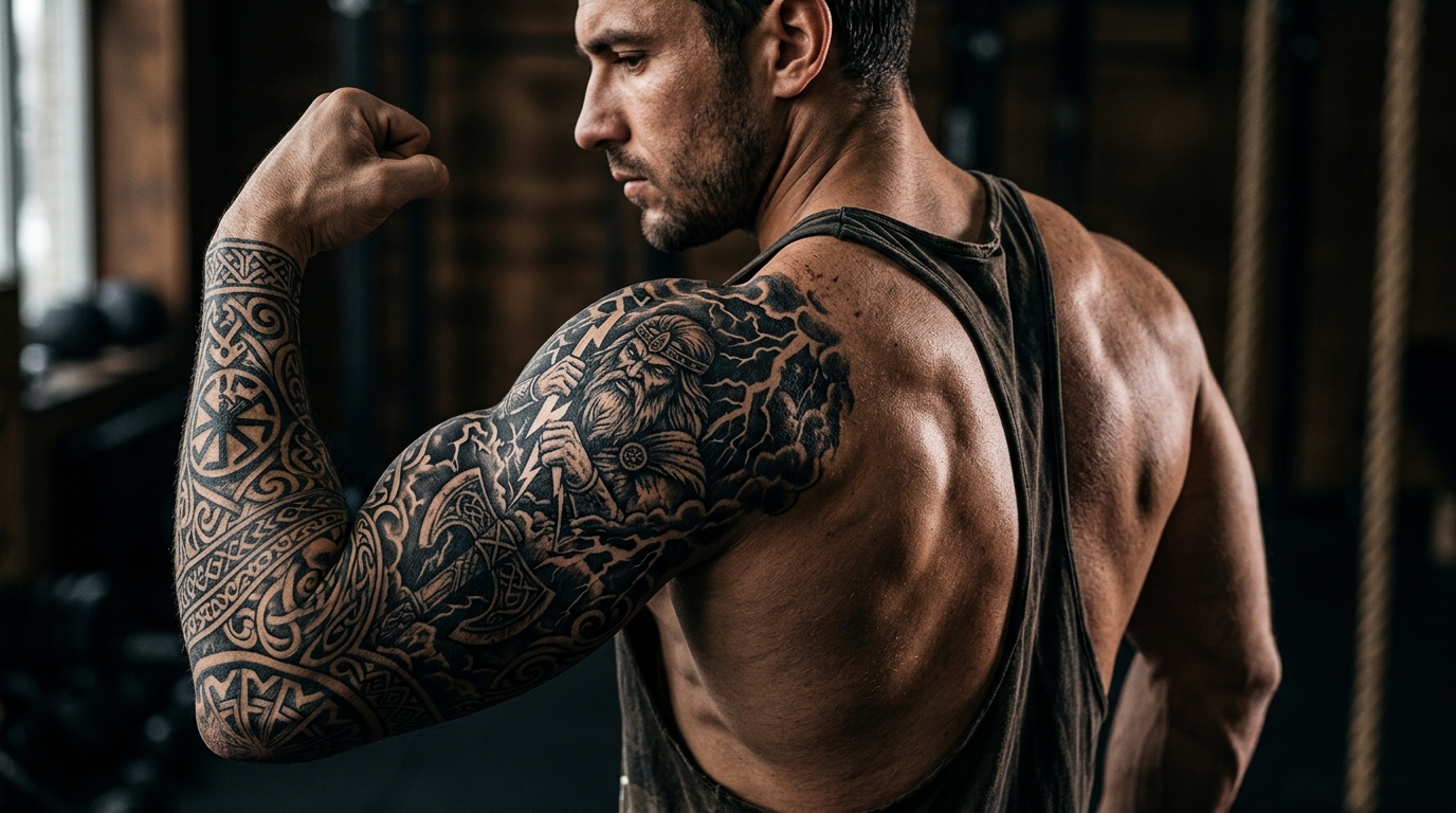Тату славянского бога Перуна на плече мужчины