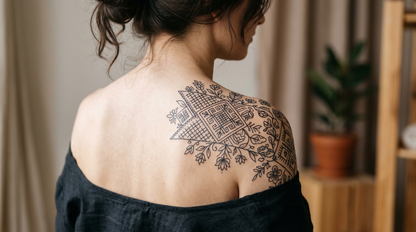 Женская славянская тату на лопатке — орнамент с цветочными элементами