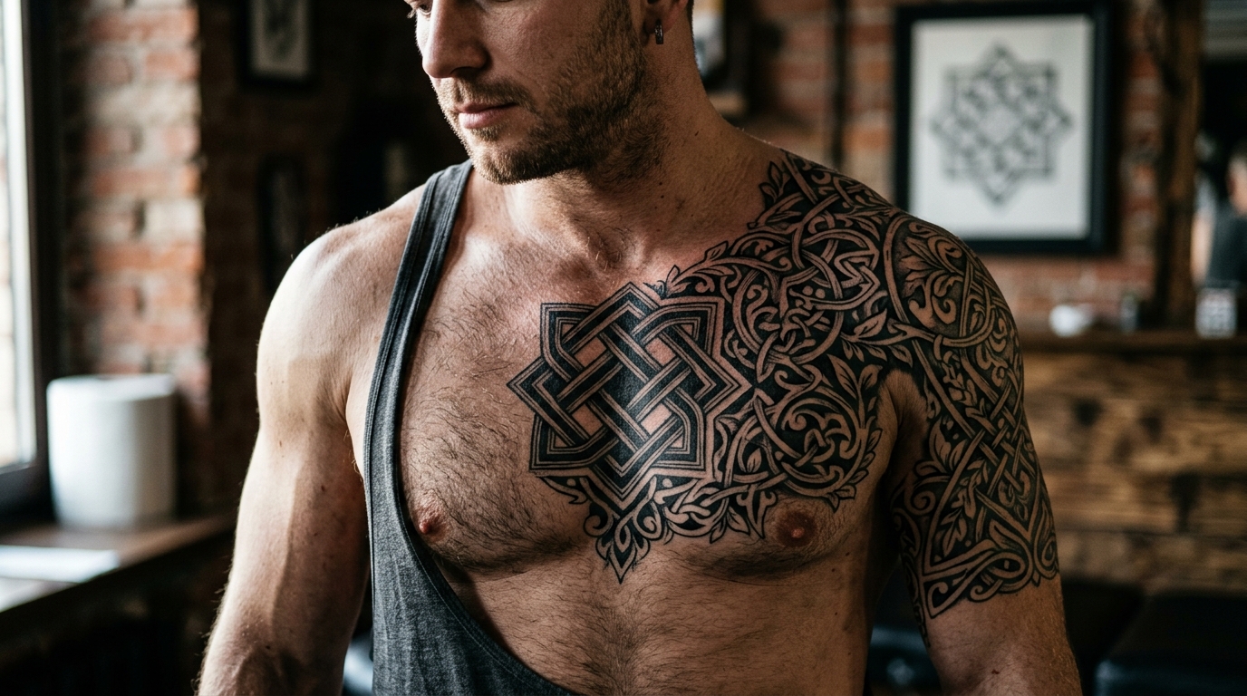 Тату символа Сварога на груди мужчины
