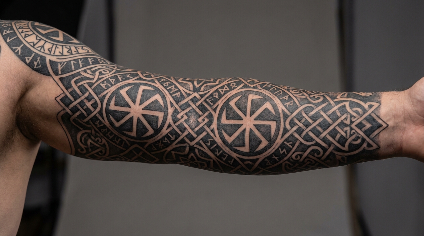 Мужской рукав в славянском стиле — руны, Коловрат и орнаменты