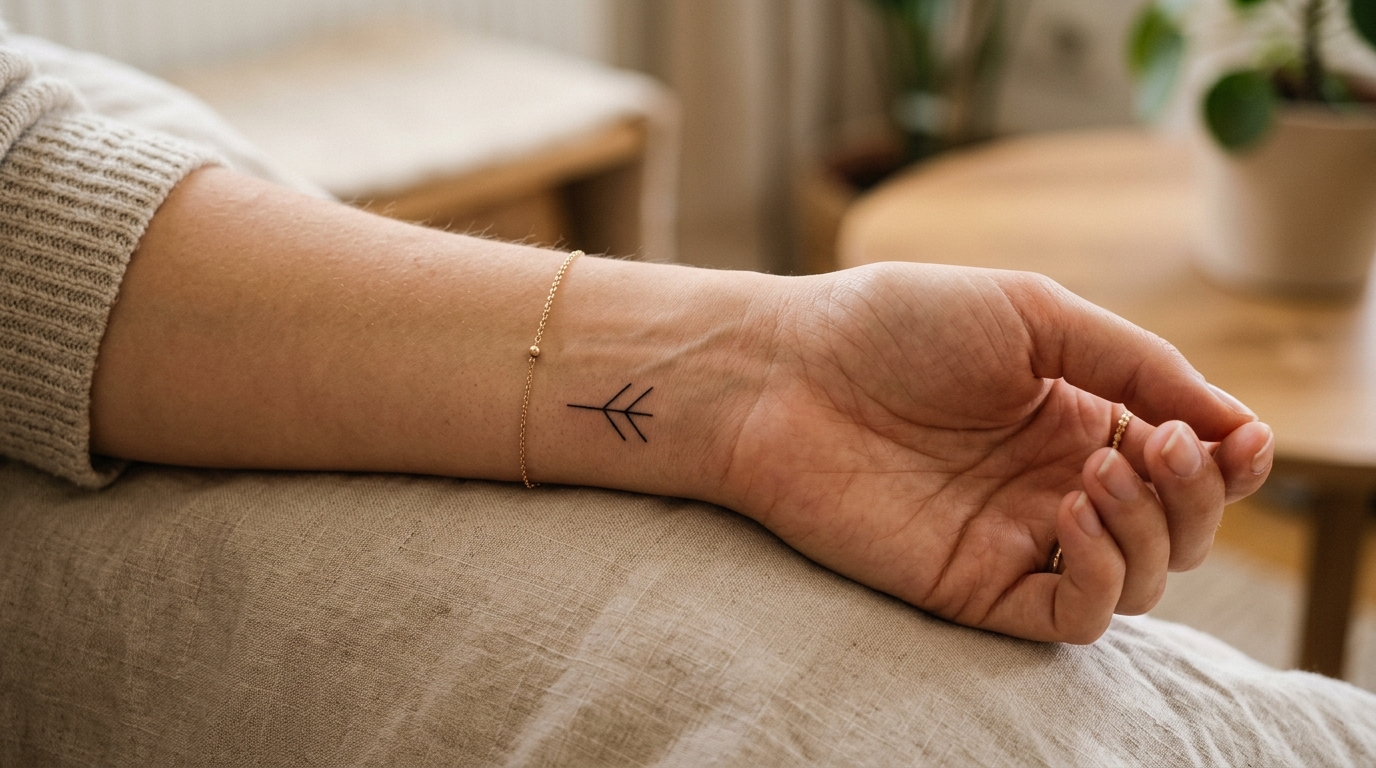 Минималистичная руна на запястье женщины — тонкие линии, чёрная тушь