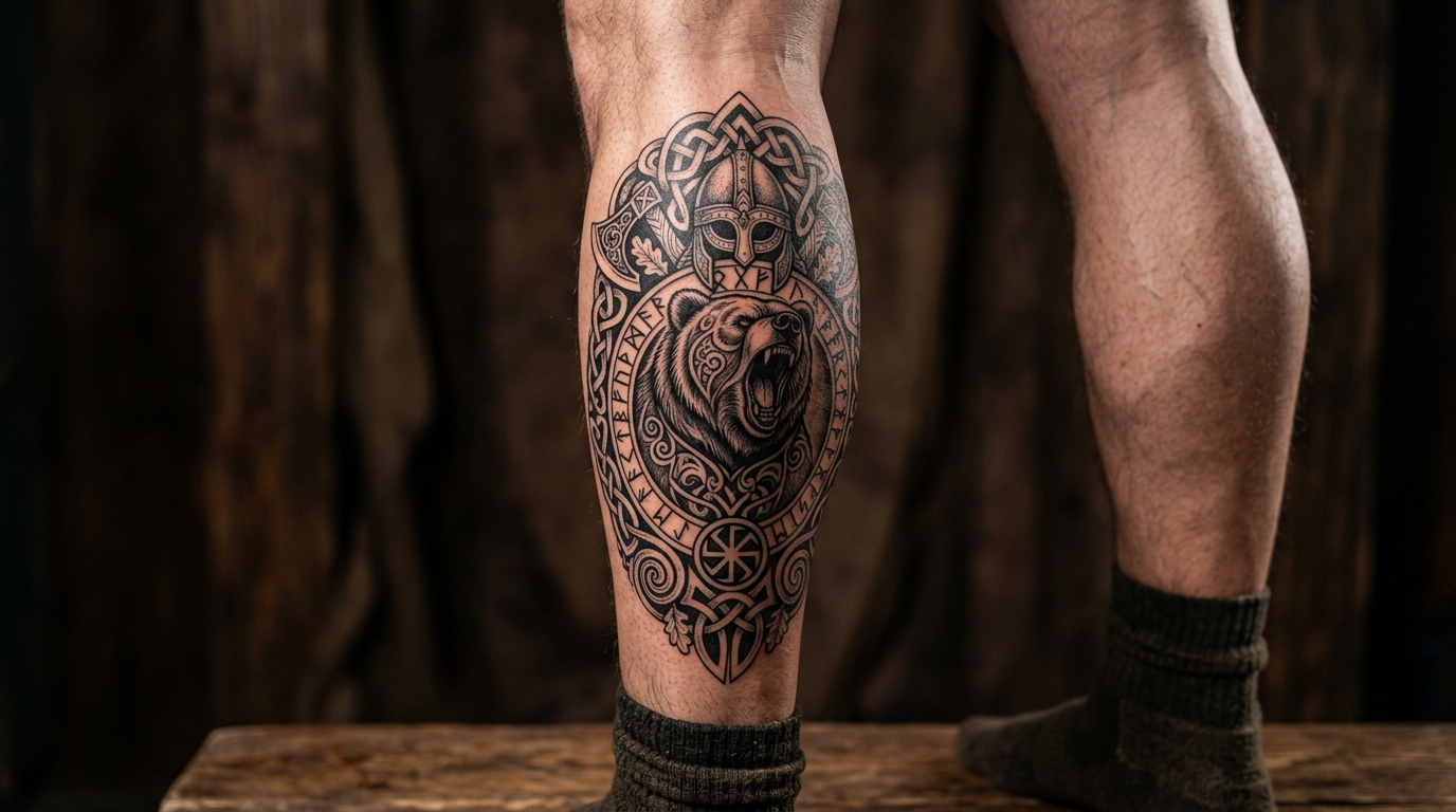 Тату медведя в славянском стиле на икре мужчины