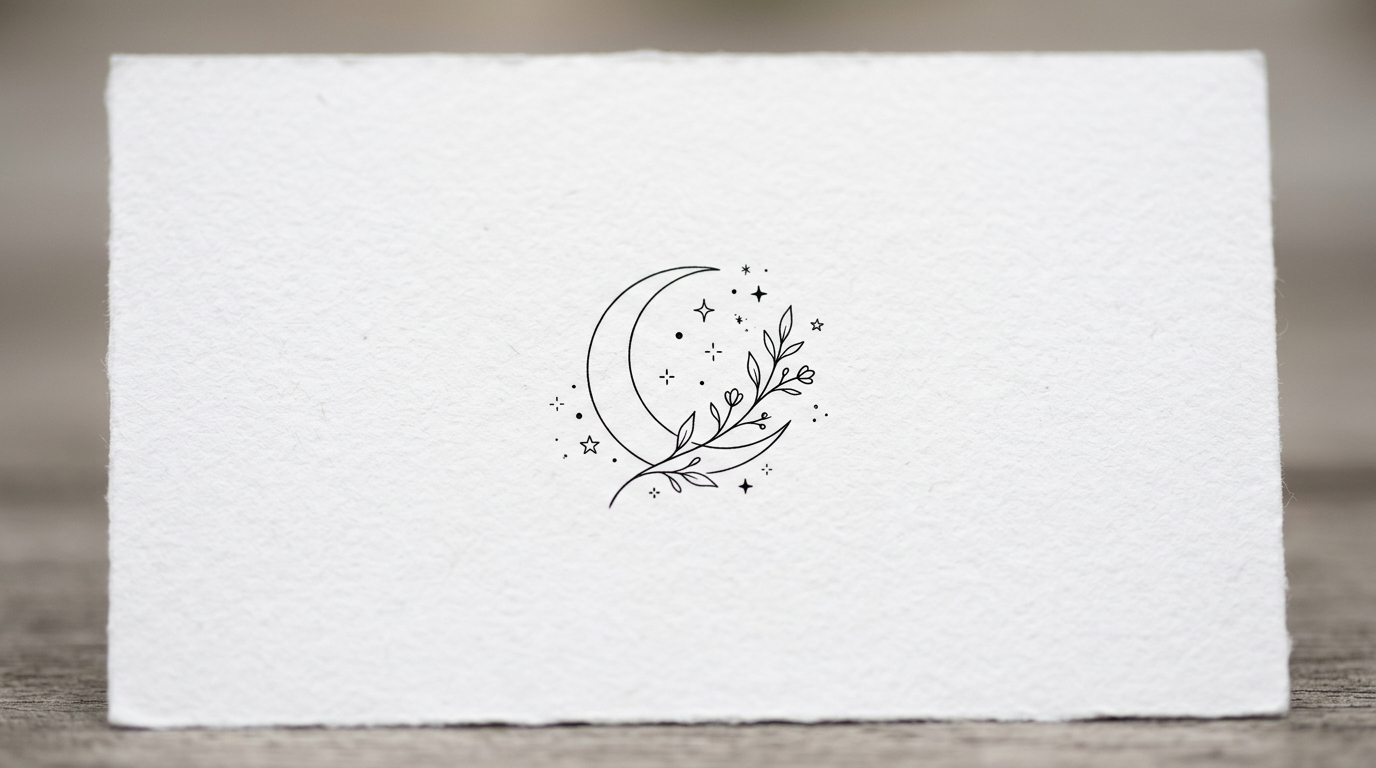Минималистичный эскиз тату — луна и веточка с цветами на белой бумаге